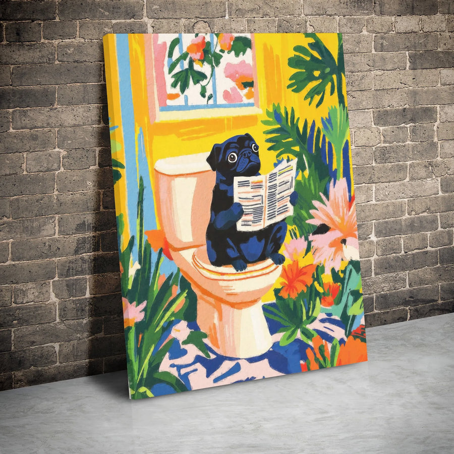 Black Pug Wall Art | Funny Dog Reading Newspaper on Toilet | Gallery Wrapped Canvas Decor | Whimsical Bathroom Gift for Dog Lovers