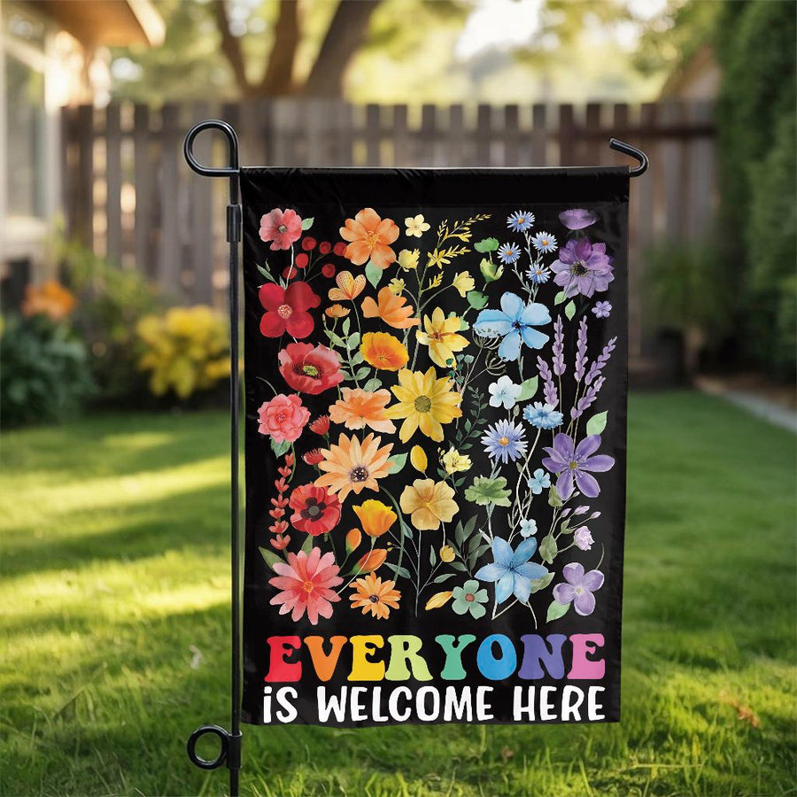 Everyone Is Welcome Here Garden Flag | Vibrant Floral Inclusion Yard Decor | Weather-Resistant Premium Polyester | Equality & Kindness Gift for Home