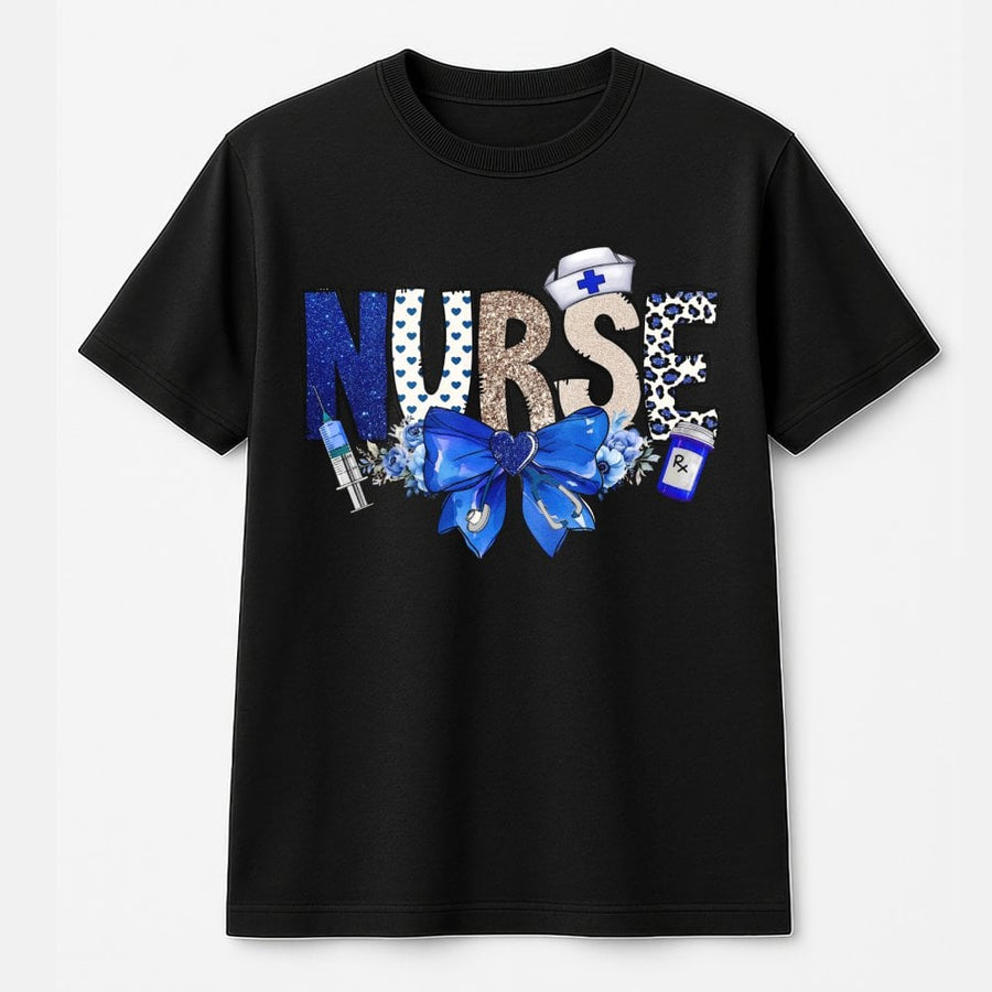 Nurse T-Shirt | Blue Coquette Bow & Floral Stethoscope Design | 100% Premium Cotton | Cute Nursing Graduation Gift for Women RN LPN