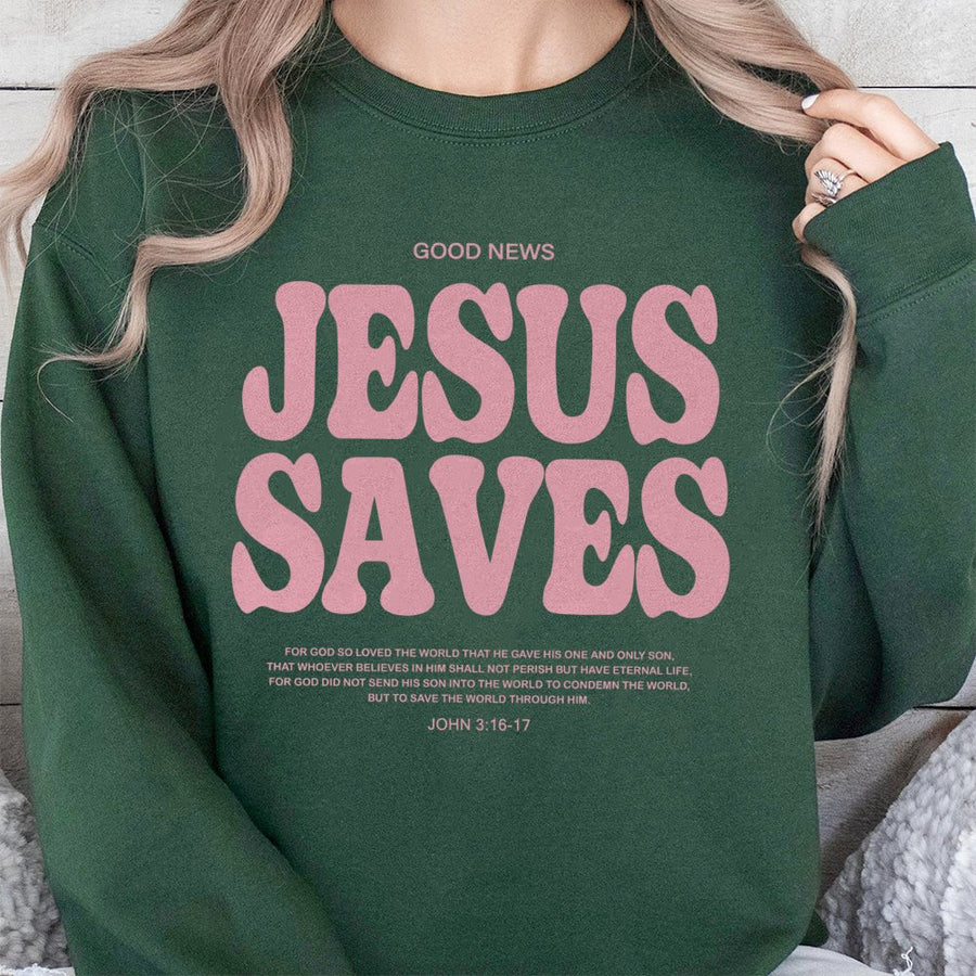 Jesus Saves Sweatshirt | Retro Faith Graphic Christian Pullover | Cotton Blend Premium Apparel | Spiritual Gift for Women and Men