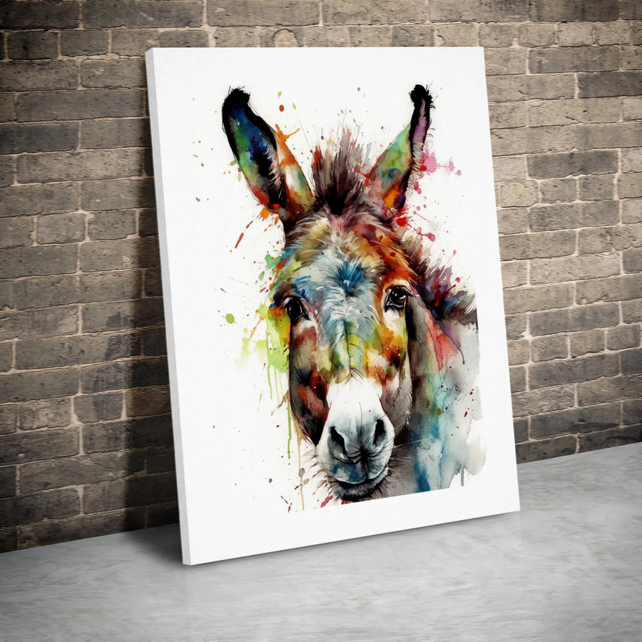 Colorful Donkey Wall Art | Watercolor Splash Portrait Print | Premium Gallery Wrapped Canvas | Farmhouse Animal Home Decor Gift