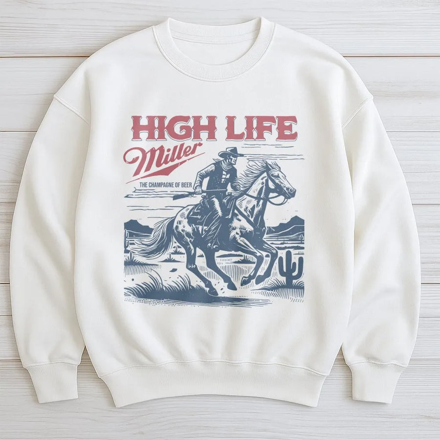 Miller High Life Sweatshirt - Featuring Front Red Miller Logo, And Back Graphic Of Cowboy On Horse In Desert Scene With The Champagne