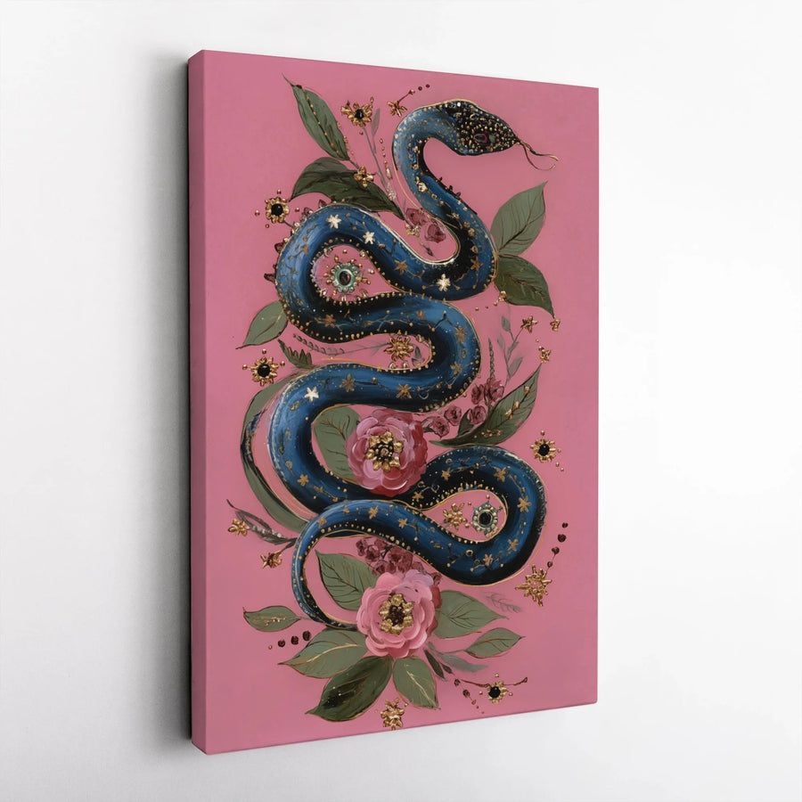 Celestial Serpent Canvas | Jeweled Botanical Snake Art | Premium Thick Gallery Wrap | Witchy Boho Home Decor Gift
