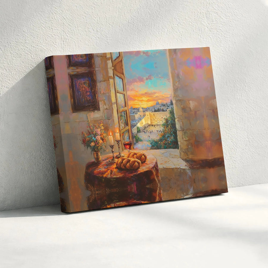 Jerusalem Western Wall Canvas Art | Shabbat Table Challah and Candles | Premium Gallery Wrapped Decor | Jewish Home Gift and Spiritual Wall Art