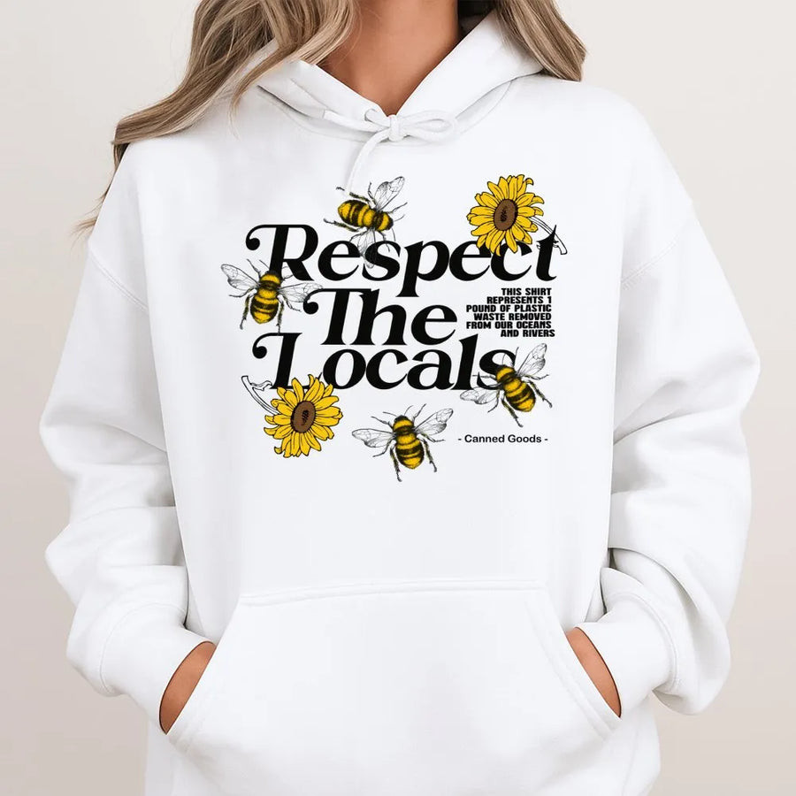 Respect The Locals Bee Graphic Hoodie | Sunflower Nature Lover Print | Premium Cotton-Blend | Unisex Eco-Conscious Gift For Gardeners