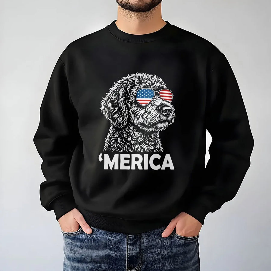 Merica Poodle Sweatshirt | Dog with American Flag Sunglasses | Cozy Unisex Pullover | Funny 4th of July Gift for Dog Lover