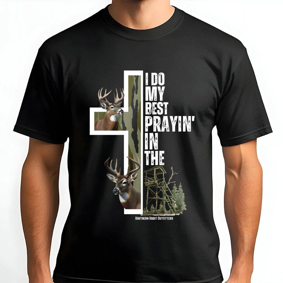 Deer Hunting T-Shirt | I Do My Best Prayin In The Deer Stand Cross Design | 100% Premium Cotton | Faith-Based Apparel Gift For Hunters