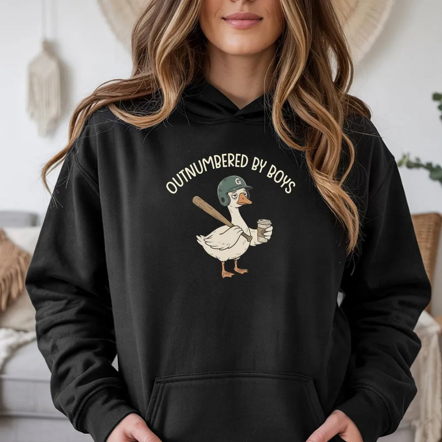 Outnumbered By Boys Hoodie | Funny Goose Baseball Graphic | Soft Unisex Crewneck | Unique Gift for Sports Mom, Boy Mom Life Apparel