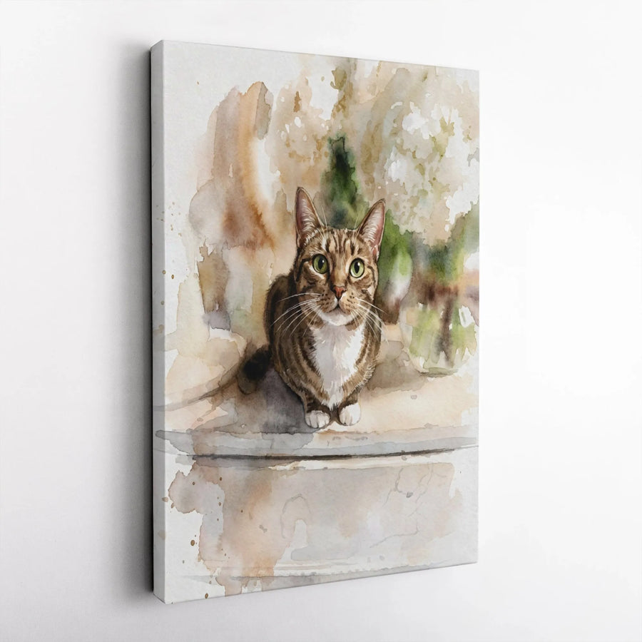 Watercolor Tabby Cat Canvas Print | Green Eye Kitten Wall Art | Gallery Wrapped Premium Decor | Pet Lover Gift Idea