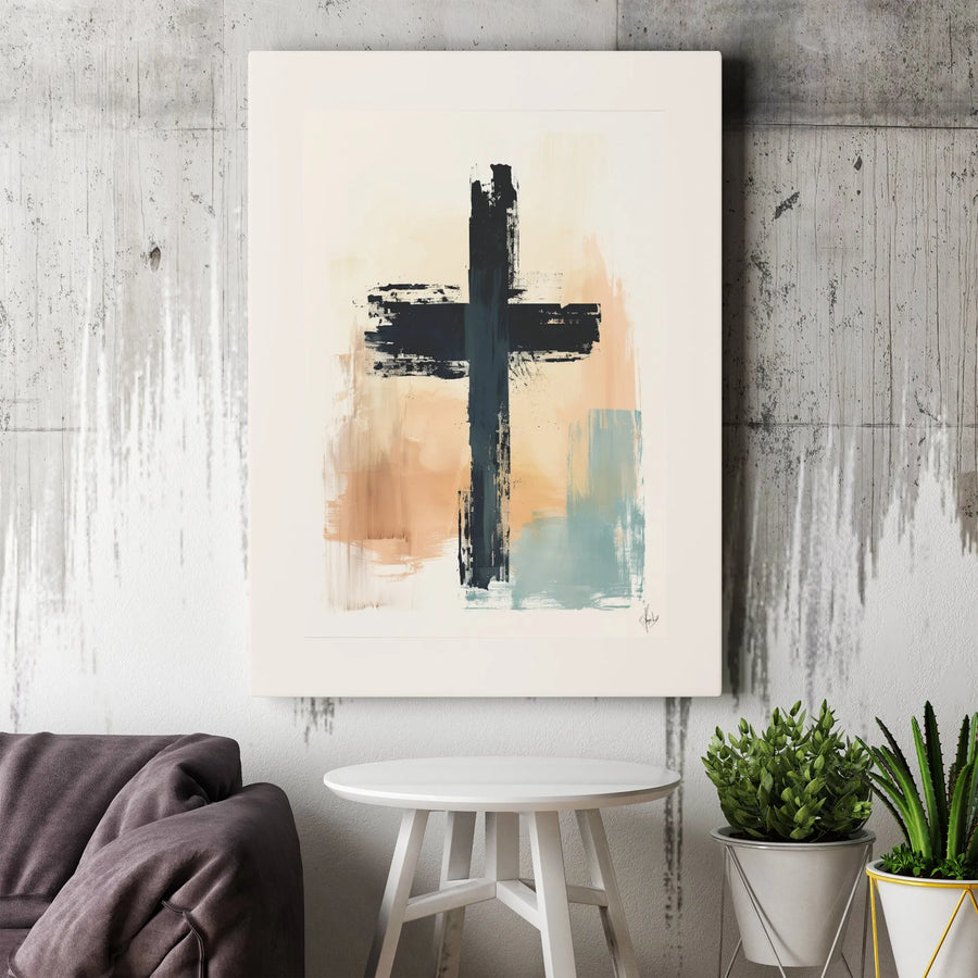 Abstract Cross Canvas Print | Modern Brushstroke Christian Wall Art | Premium Gallery Wrapped Decor | Minimalist Religious Gift for Home Office