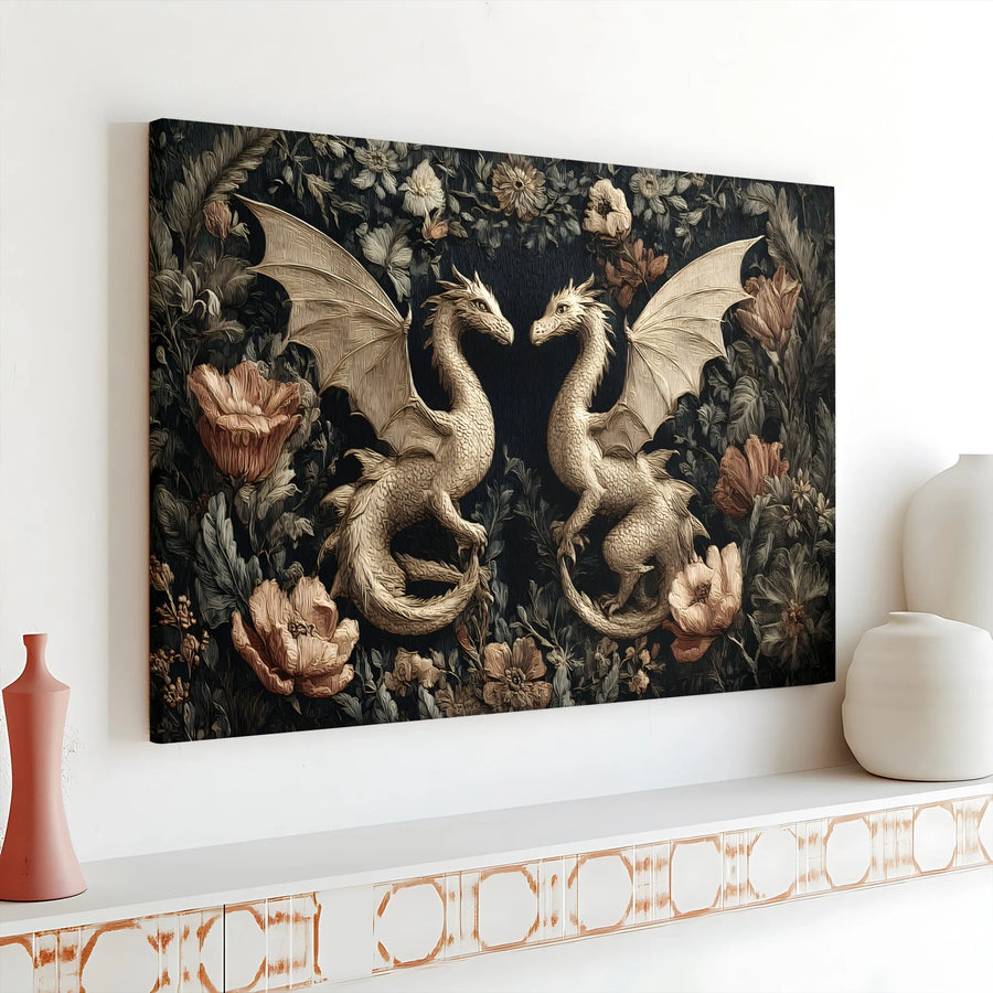 Fantasy Dragon Wall Art | Symmetrical Floral Canvas Print | Premium Gallery Wrapped Decor | Mythical Creature Home Gift