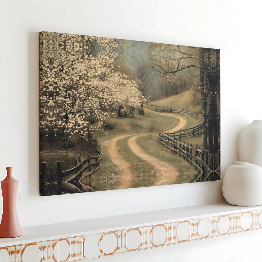 Country Road Canvas Wall Art | Winding Path with Spring Blossom Trees | Premium Gallery Wrapped Canvas | Rustic Home Decor Gift