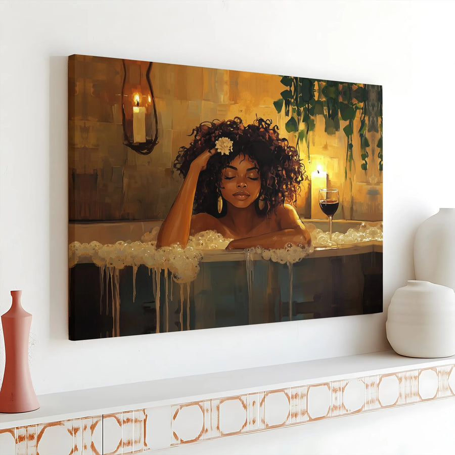 Black Woman Bathing Canvas Art | Relaxing Bubble Bath with Wine Illustration | Premium Gallery Wrap Wall Decor | Self Care Bathroom Wall Art Gift