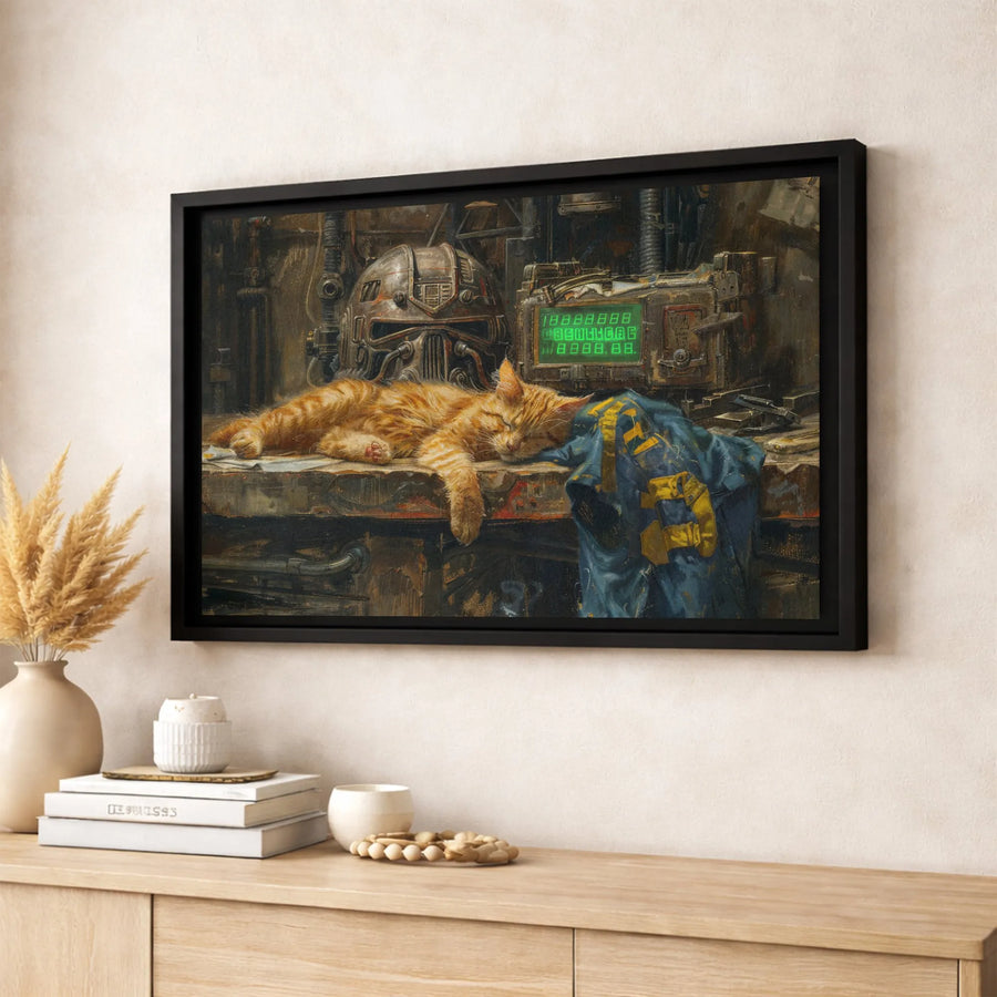 Post-Apocalyptic Cat Wall Art | Sleeping Tabby with Power Armor Helmet | Gallery Quality Stretched Canvas | Gamer Home Office Gift