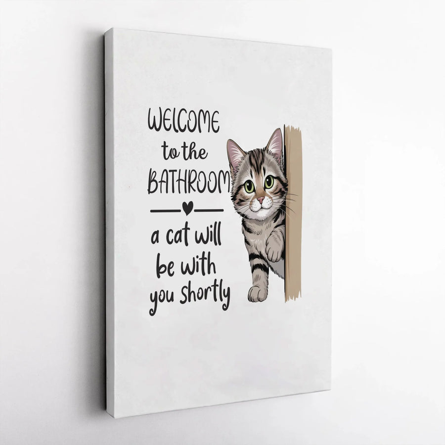 Funny Cat Bathroom Canvas Wall Art | Peeking Tabby with Welcome Quote | Premium Gallery Wrapped Print | Gift for Cat Lover Home Decor
