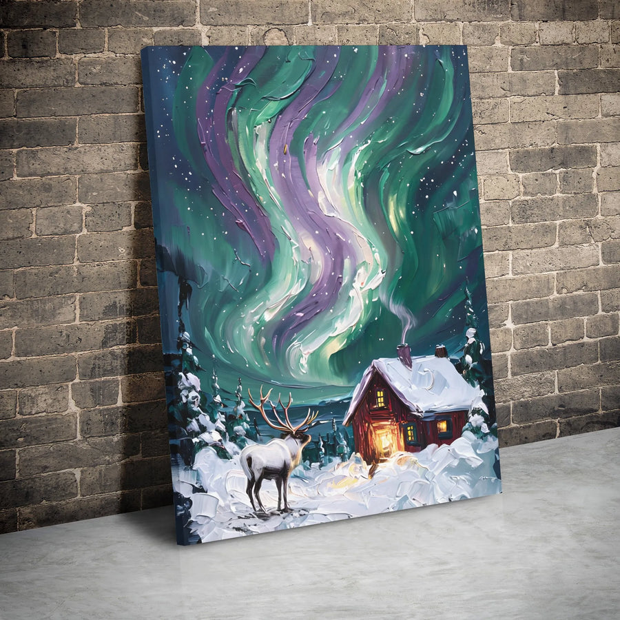 Aurora Borealis Canvas Wall Art | Snowy Reindeer & Log Cabin Impasto Print | Gallery Wrap Premium Decor | Winter Wonderland Gift for Nature Lovers