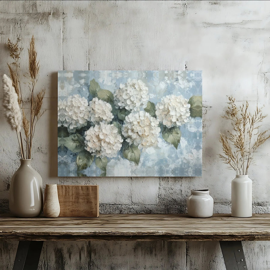 White Hydrangea Floral Canvas Wall Art | Textured Abstract Blue Botanical Print | 1.25 Inch Gallery Wrap | Elegant Home Decor Gift for Living Room