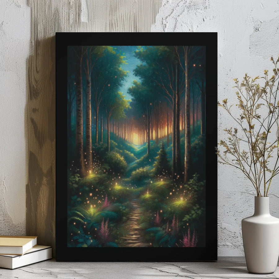Enchanted Forest Canvas Wall Art | Magical Firefly Path at Sunset | Premium Gallery Wrapped Decor | Whimsical Nature Home Gift