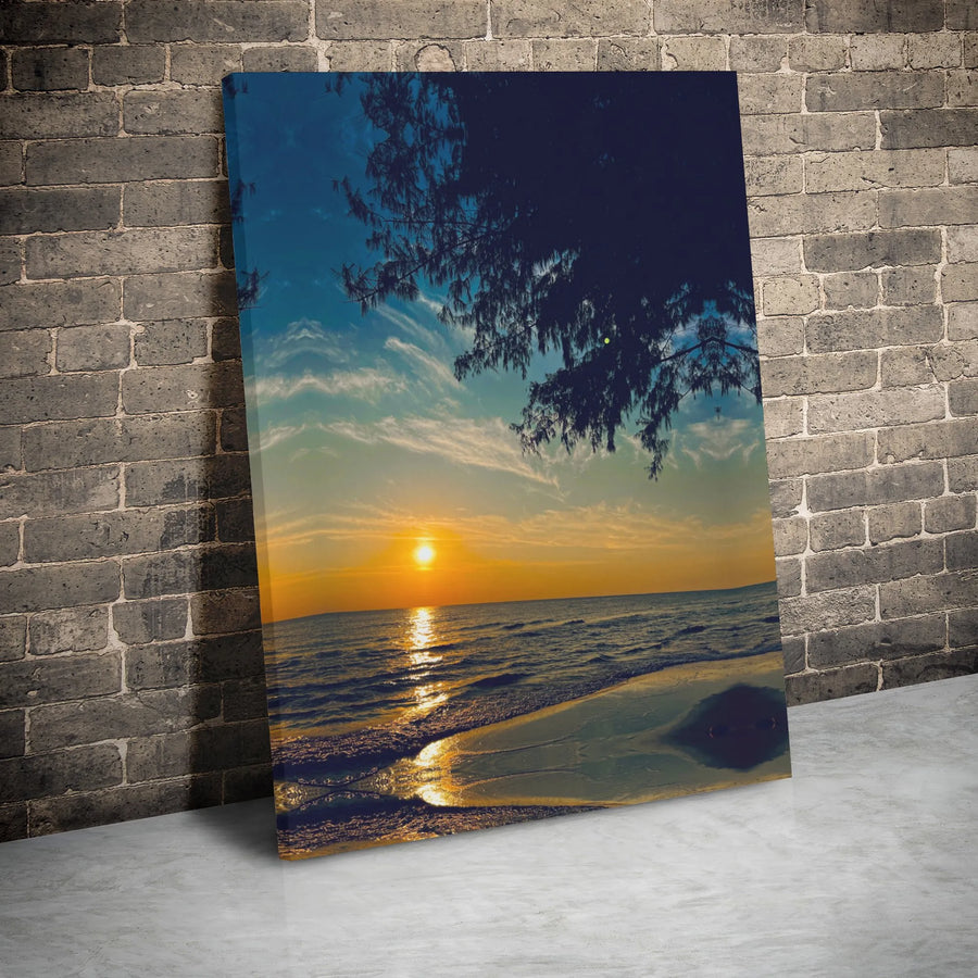 Ocean Sunset Wall Art | Tropical Beach Tree Silhouette Canvas | Premium 1.25" Gallery Wrap | Coastal Decor for Living Room or Office
