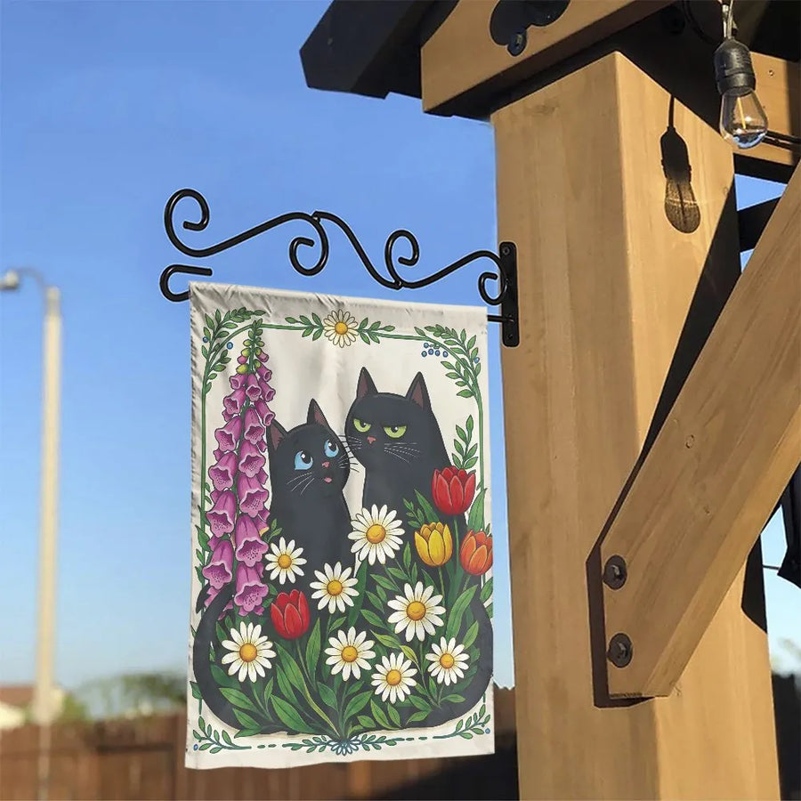 Black Cat Garden Flag | Double Sided Vibrant Daisies and Tulips Floral Art | Weather-Resistant Premium Two-Layer Polyester | Charming Housewarming Yard Gift for Cat Lovers