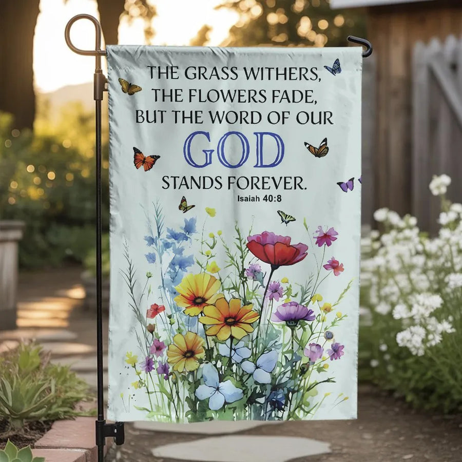 Christian Garden Flag | Isaiah 40:8 Bible Verse with Watercolor Wildflowers | Premium Double Sided Fabric | Religious Yard Decor Gift