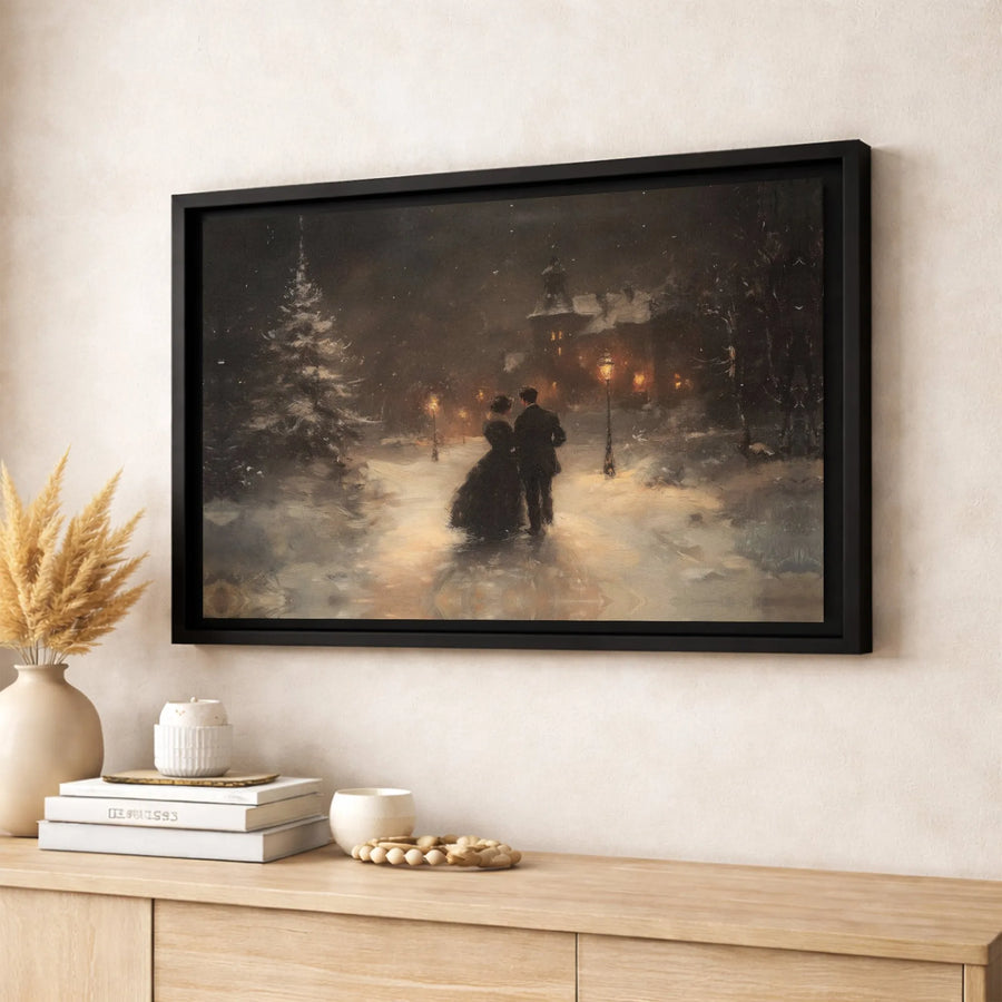Victorian Winter Couple Canvas Print | Romantic Snowy Evening Oil Painting Style | Premium Gallery Wrap Wall Art | Cozy Christmas Home Decor Gift