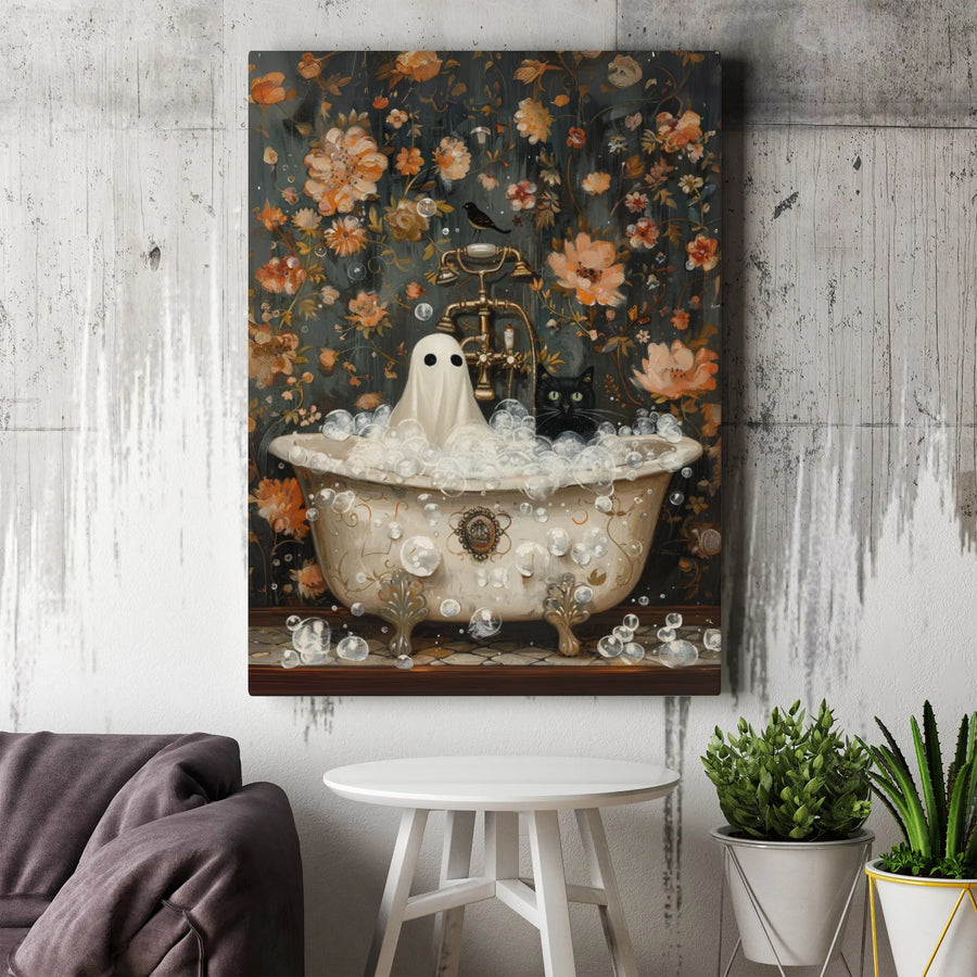 Ghost and Black Cat Canvas Print | Whimsical Floral Bathroom Wall Art | Premium Gallery Wrap Decor | Spooky Cute Halloween Home Gift