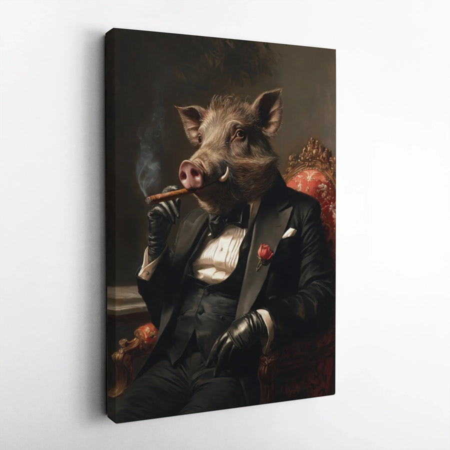 Wild Boar in Tuxedo Portrait Canvas | Gentleman Pig Smoking Cigar Wall Art | Premium Gallery-Wrapped Print | Unique Man Cave or Office Decor Gift