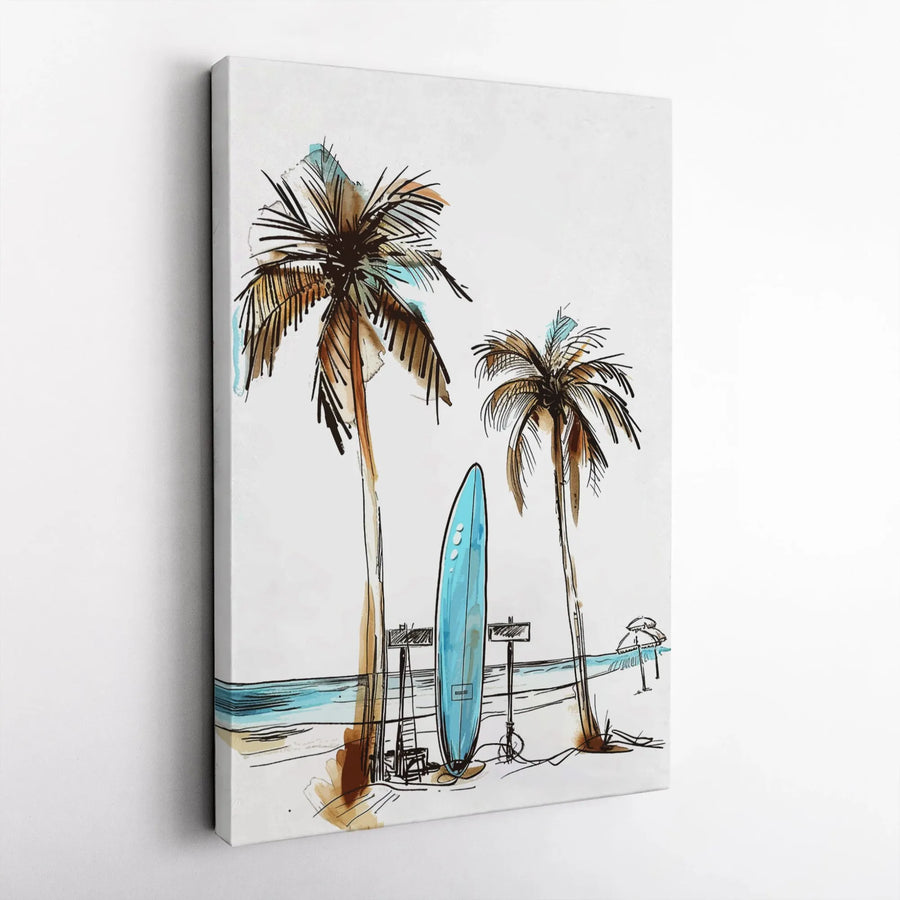 Coastal Palm Trees And Surfboard Wall Art | Watercolor Sketch Print | Premium 1.25-Inch Gallery Canvas | Beach House Decor