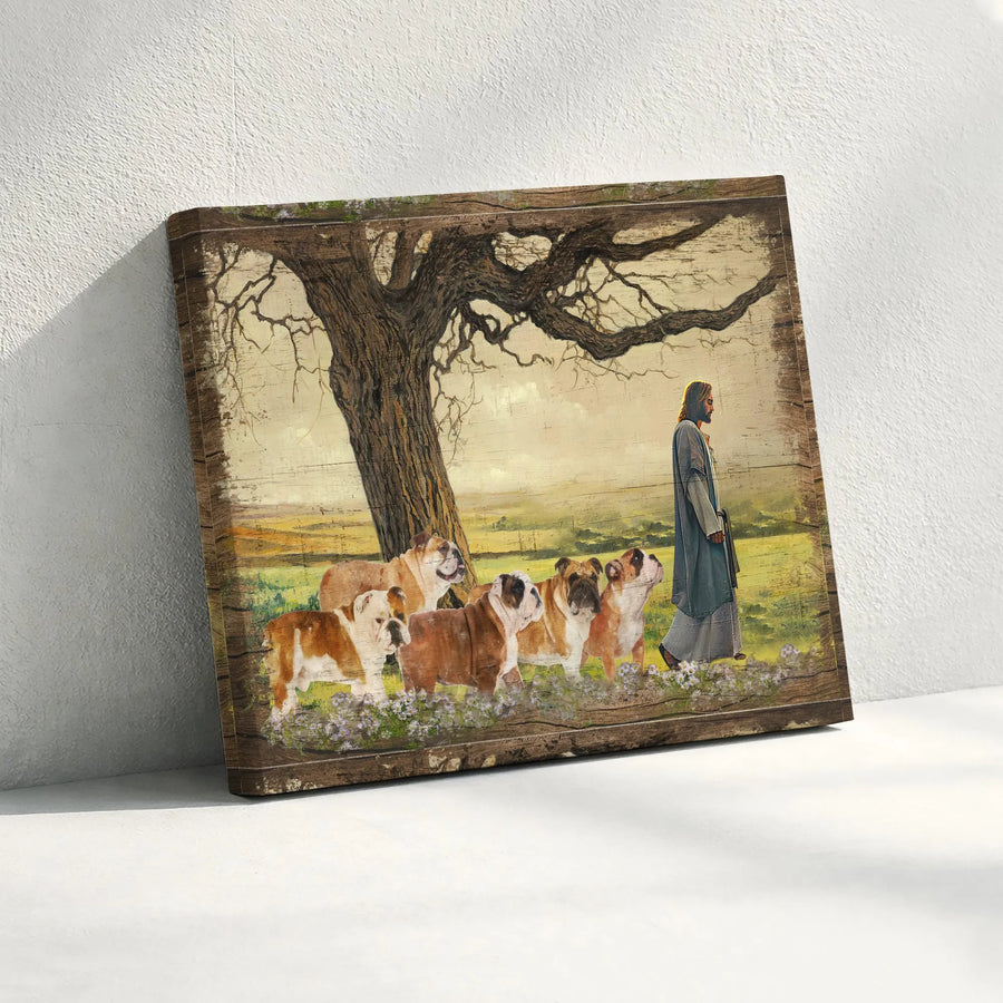 Jesus and Bulldog Canvas Wall Art | Rustic Wood Plank Style Print | Premium Fade-Resistant Canvas | Inspirational Gift for Christian Dog Lover