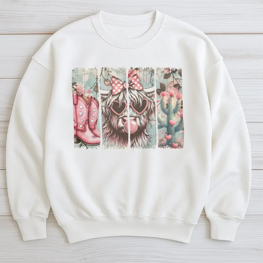 Highland Cow Valentine Sweatshirt | Western Pink Cowgirl Aesthetic | Soft Cotton Blend Crewneck | Cute Heart Pattern Gift for Her
