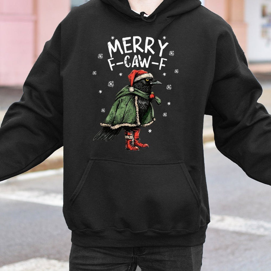 Merry F-Caw-F Christmas Hoodie | Funny Crow Santa Graphic | Premium Cotton Blend Sweatshirt | Unique Winter Holiday Gift for Bird Lovers