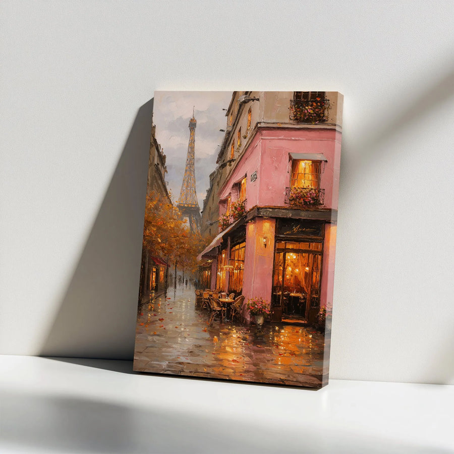 Rainy Paris Canvas Wall Art | Romantic Eiffel Tower Cafe Painting | Premium Gallery Print | French Themed Living Room Decor Gift