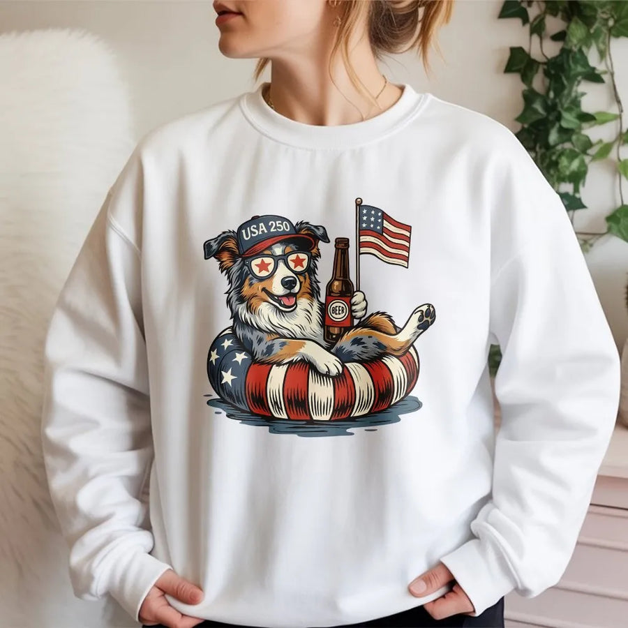 USA 250th Anniversary Dog Sweatshirt | Patriotic Aussie Shepherd with American Flag | Premium Unisex Pullover | Independence Day Gift for Dog Lover