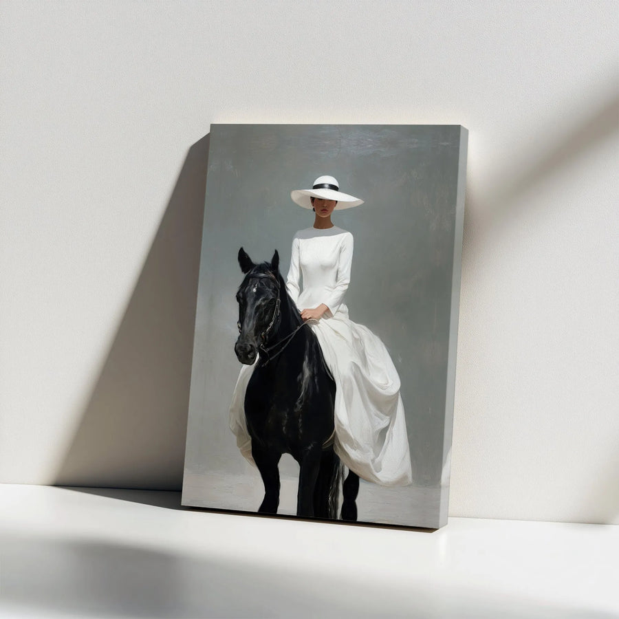 Elegant Equestrian Canvas Print | Woman in White Dress Riding Black Horse | Premium Fade-Resistant Art | Modern Farmhouse Living Room Decor Gift