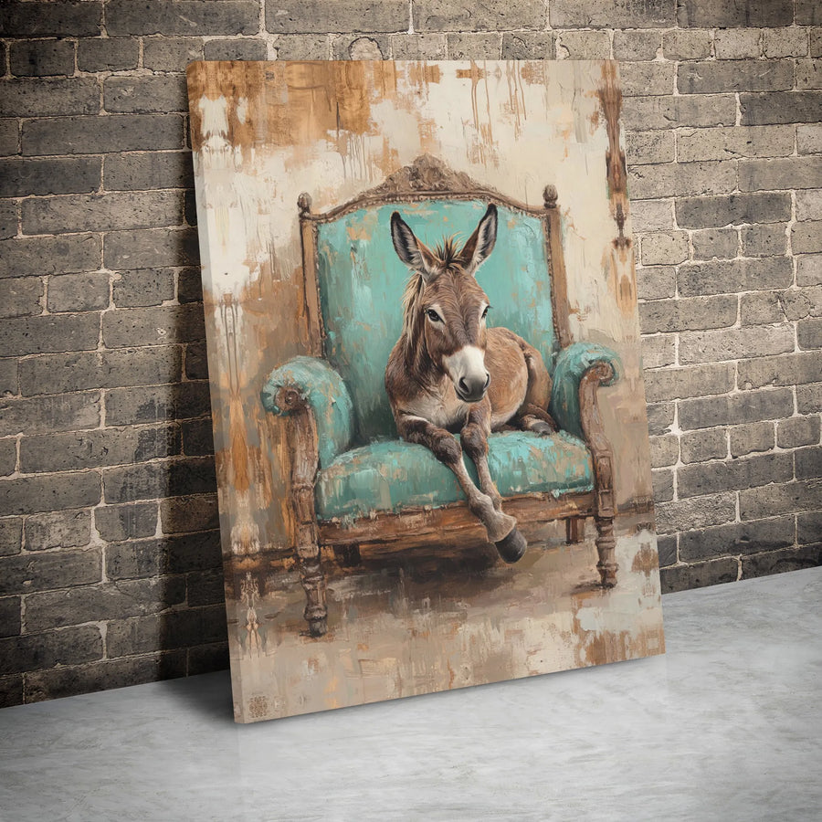 Donkey Wall Art | Whimsical Animal on Vintage Teal Armchair | Premium Gallery-Wrapped Canvas Print | Farmhouse Living Room Decor