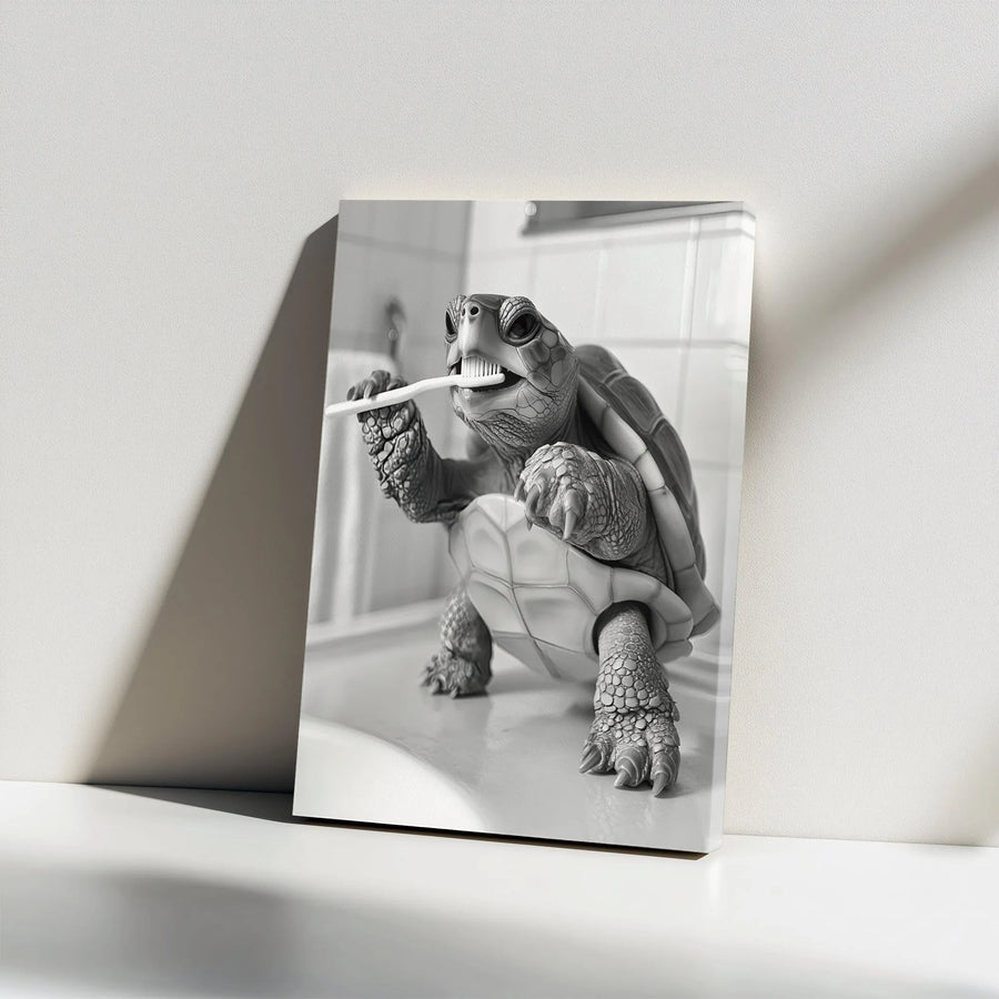 Funny Turtle Wall Art | Bathroom Decor Brushing Teeth Print | Premium Gallery Wrap Canvas | Unique Animal Lover Gift