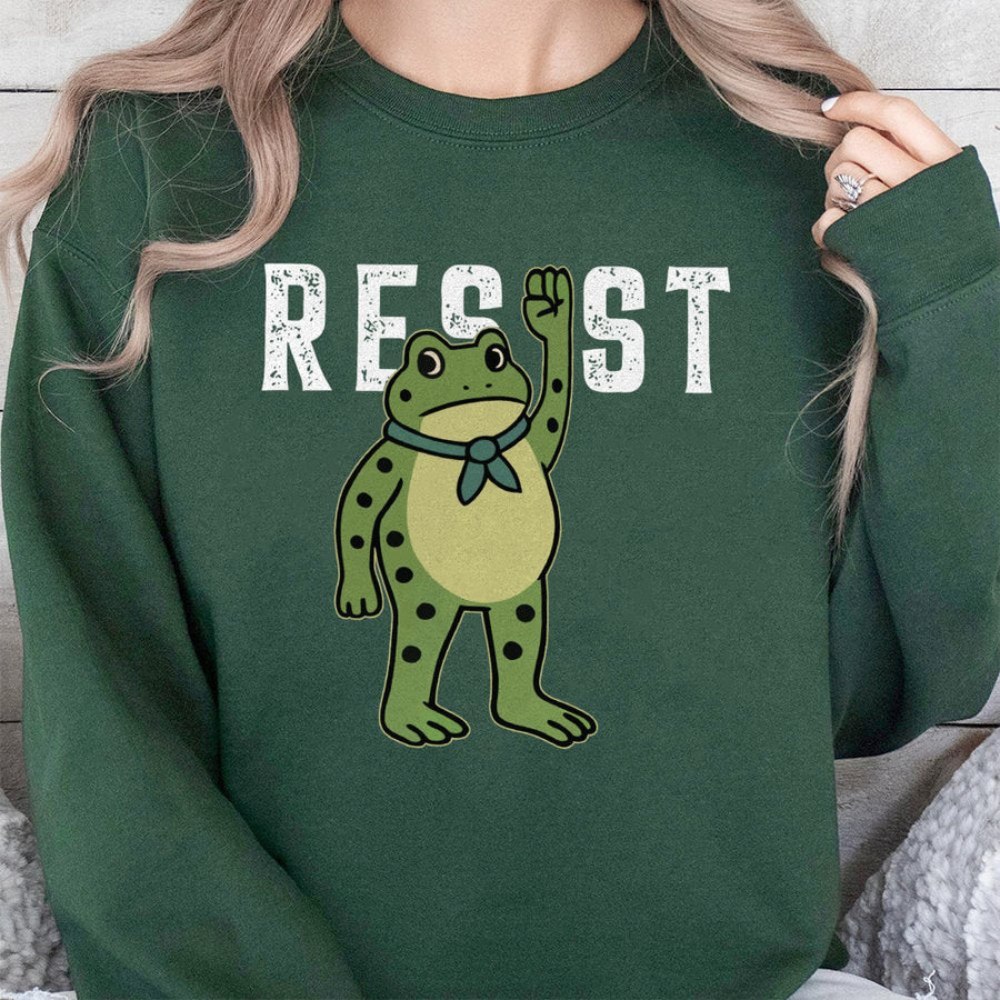 Resist Frog Sweatshirt | Cute Graphic Protest Art | Soft Cotton Blend Unisex Pullover | Activist Gift for Animal Lovers