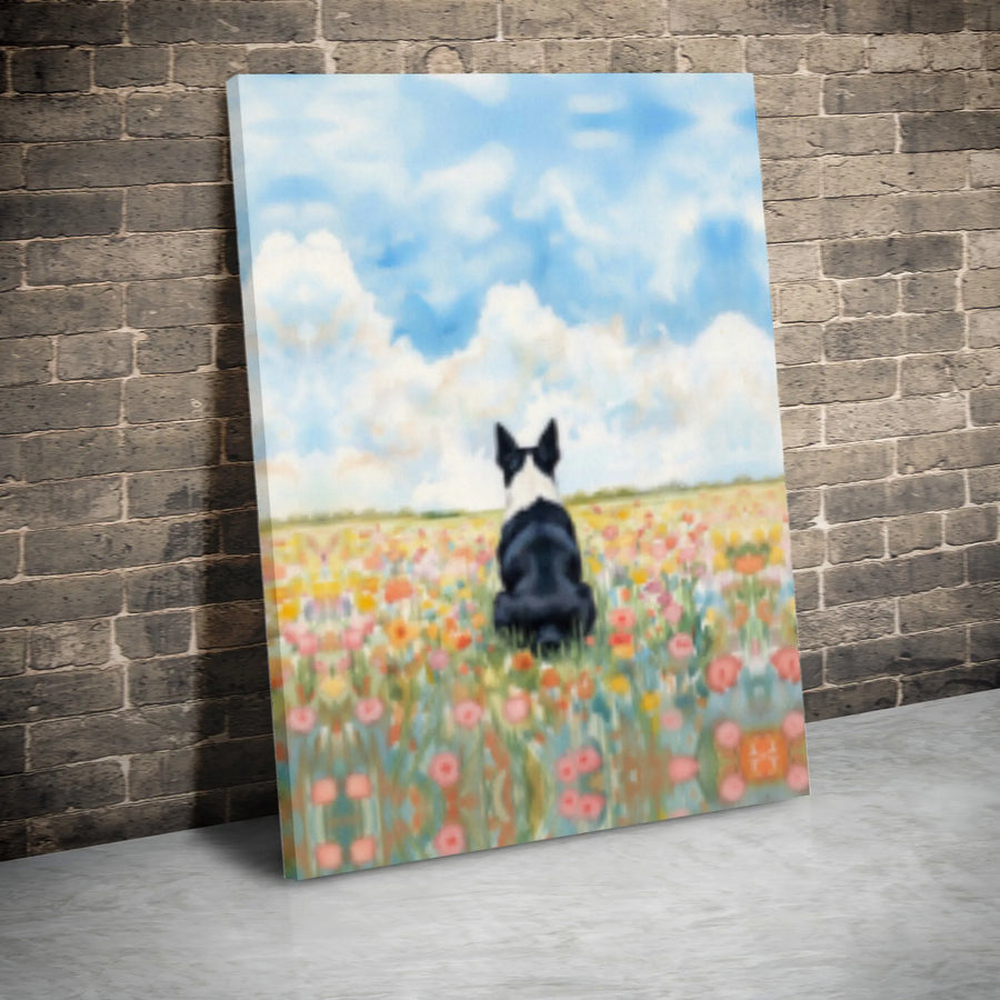 Boston Terrier Dog Canvas Wall Art | Whimsical Wildflower Meadow Print | Premium Gallery Wrap Stretched Canvas | Gift for Dog Lovers & Pet Owners
