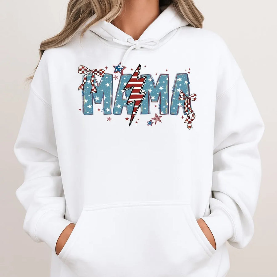 American Mama Hoodie | Patriotic Lightning Bolt Stars & Stripes | Premium Cotton Blend | Gift For Mom 4th Of July Apparel