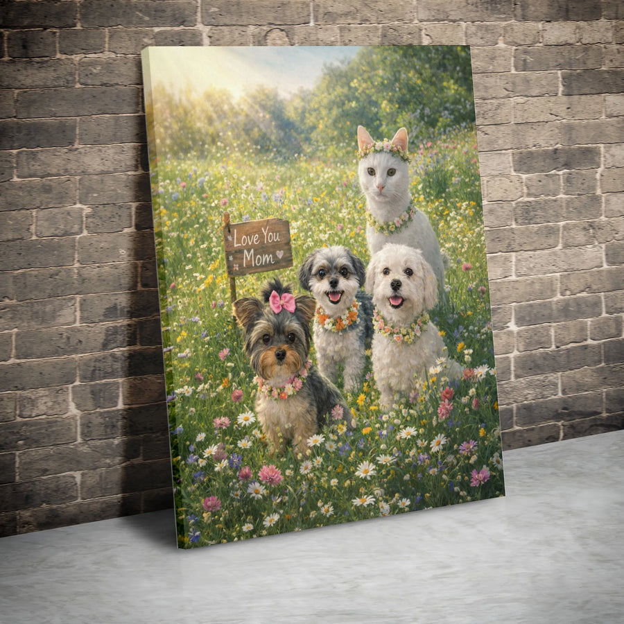 Love You Mom Pet Canvas Art | Dogs and Cat in Wildflower Field | Premium Gallery Wrap Print | Mother's Day Gift for Pet Lover Mom