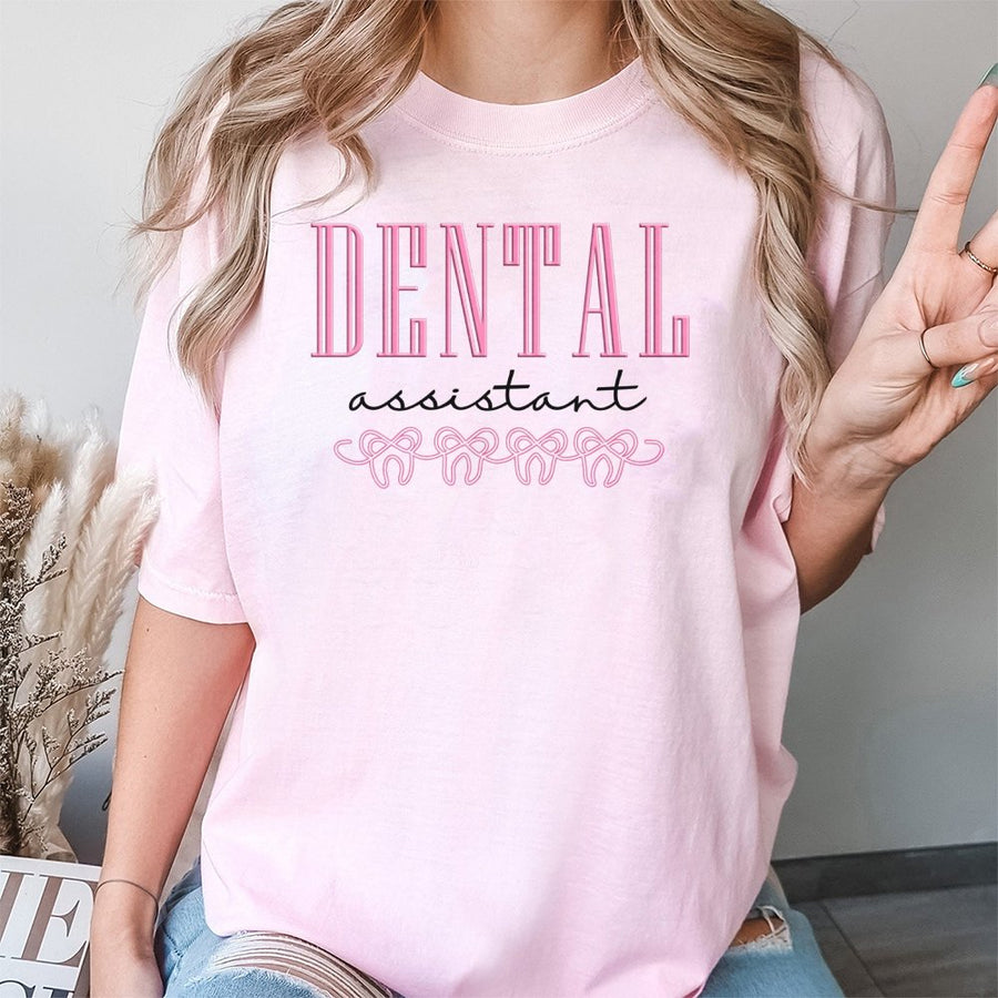 Dental Assistant T-Shirt | Cute Bow Teeth Graphic Design | 100% Cotton Premium Tee | Gift for Dental Hygienist, Dentist or Dental Student