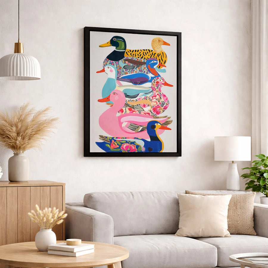 Whimsical Duck Stack Canvas Print | Colorful Patterned Bird Wall Art | Premium Gallery-Wrapped Decor | Unique Gift for Animal Lovers