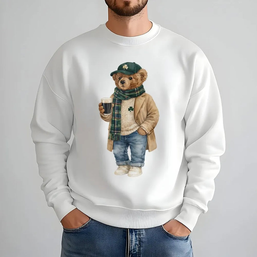 St. Patricks Day Teddy Bear Sweatshirt | Irish Pub Crawl Shamrock Graphic | Cotton Blend Premium Crewneck | Funny Beer Gift For Him Her