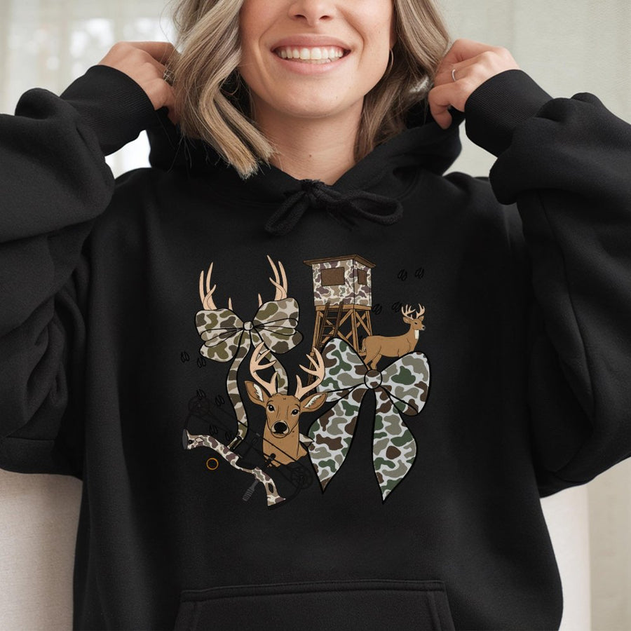 Hunting Season Hoodie | Deer Bow Coquette Camo Aesthetic | Premium Cotton Blend | Gift For Women Who Hunt