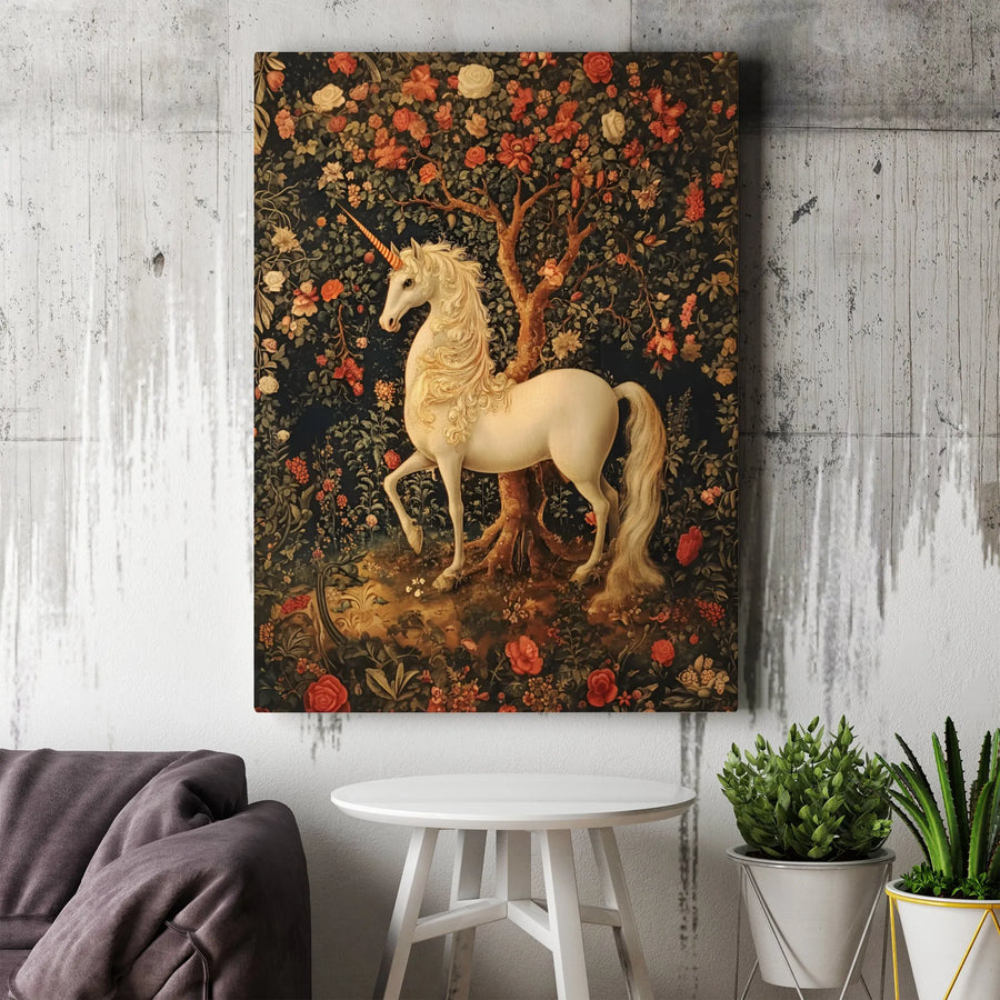 Unicorn Wall Art Print | Medieval Tapestry Inspired Forest Design | Premium Gallery-Wrapped Canvas | Magical Home Decor Gift for Fantasy Lovers