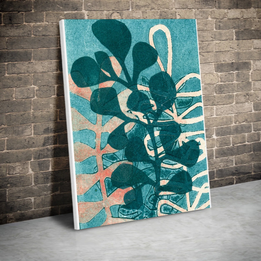 Abstract Botanical Vertical Canvas | Teal Linocut Style Leaf Print | Premium Thick Gallery Wall Art | Modern Minimalist Home Decor Gift