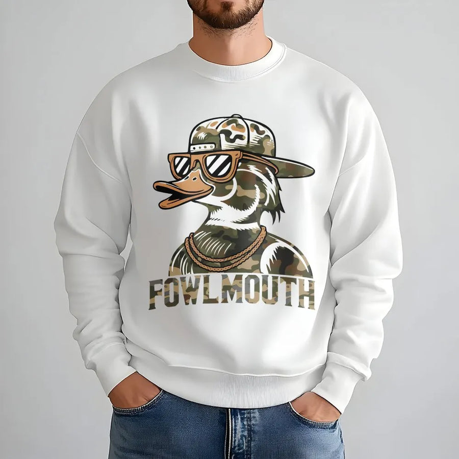 Fowlmouth Duck Hunting Sweatshirt | Funny Camo Mallard Graphic | Premium Unisex Crewneck | Gift For Hunters And Waterfowl Enthusiasts