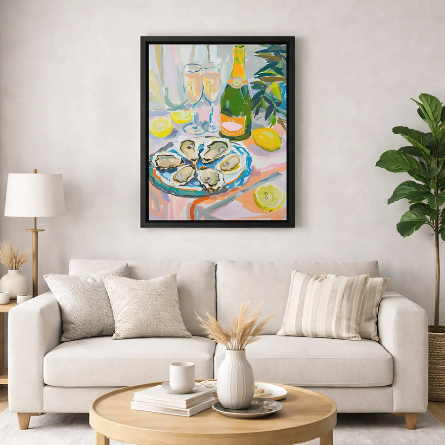 Oyster and Champagne Canvas Wall Art | Still Life Kitchen Decor Print | Premium Gallery Wrapped Canvas | Luxury Foodie Dining Room Gift