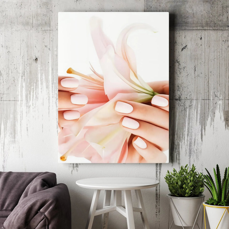 Pink Lily Flower Canvas Wall Art | Floral Hands Manicure Aesthetic | Premium Gallery-Wrap Decor | Elegant Bedroom & Salon Wall Decor